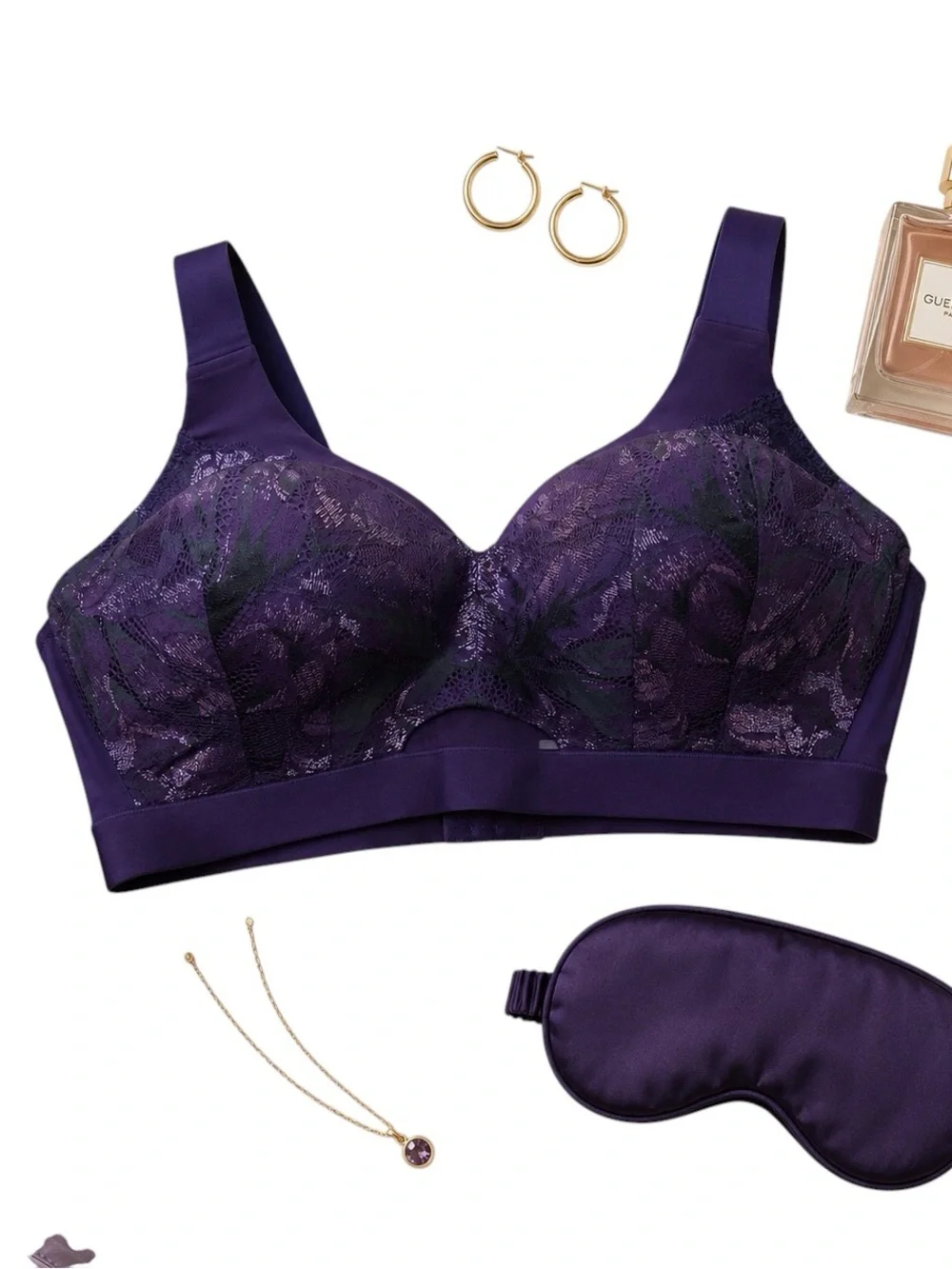 Cacique Purple Lace Wireless Comfort Bra 40DD Shimmer Floral Full Coverage EUC